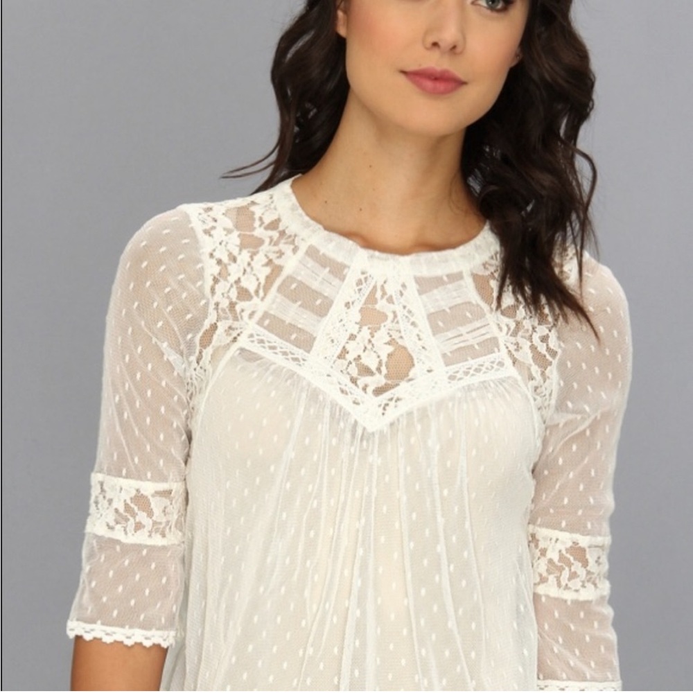 FREE PEOPLE BOHO IVORY/OFF WHITE MODERN ROMANCE SHEER LACE TOP - Picture 8 of 13